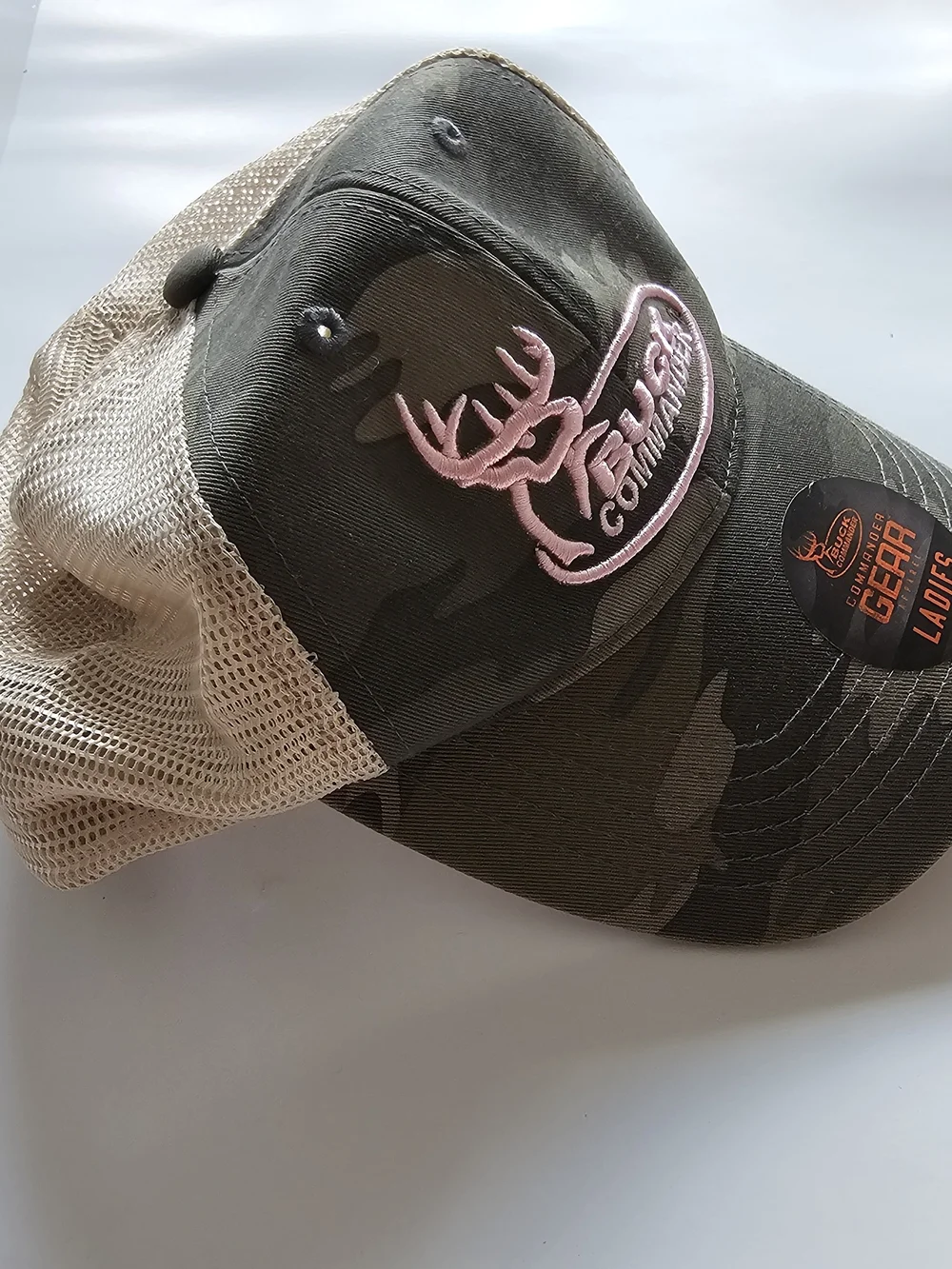 Ladies Camo Trucker Hat with Pink Logo